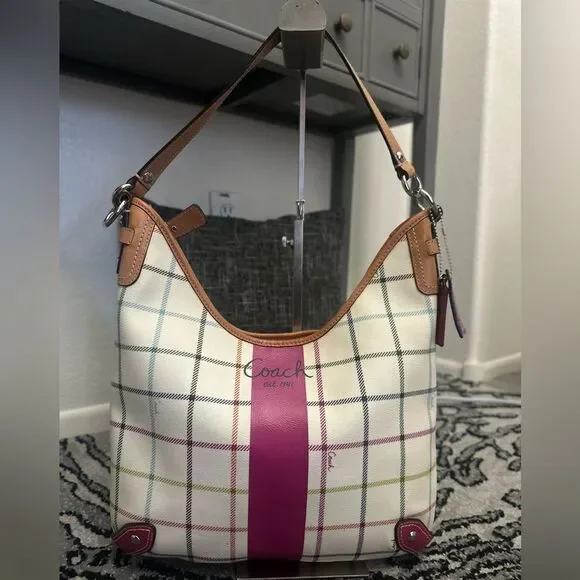Coach Women's Plaid Tattersall Shoulder Bag - White and Pink - Picture 2 of 13